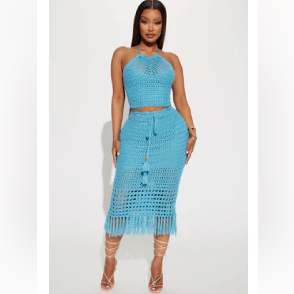 Fashion Nova Crochet Blue Midi Pencil Set